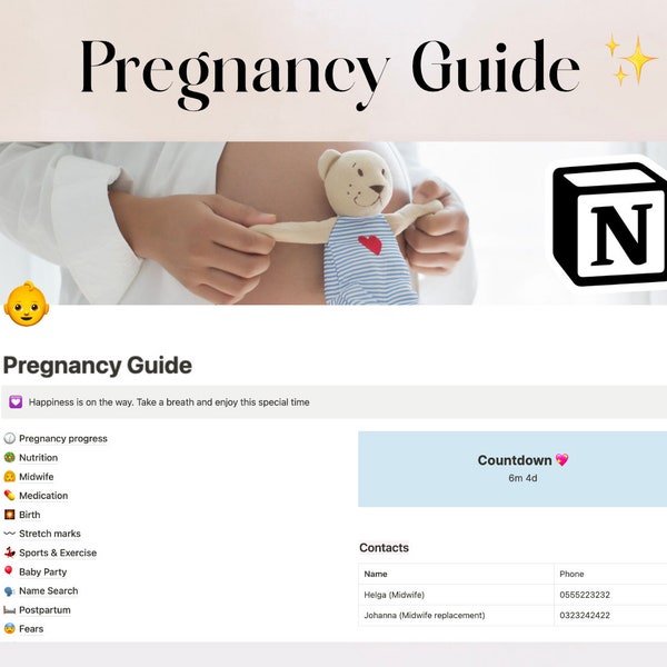 Guide de grossesse Notion | Organisateur de planificateur de modèle numérique | Liste de contrôle cadeau cadeau nouvelle femme enceinte | Livre photo Baby bump tracker