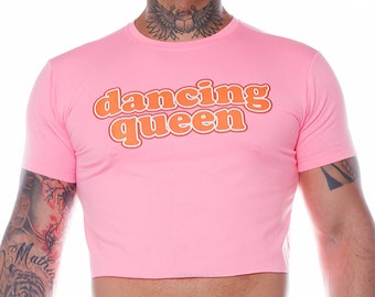 ABYDOS Crop Top Pink | LGBT Shirt For Men | Dancing Queen Printed Tank Tops | Sexy Gay T-Shirt | Short Sleeve Gay Crop Top