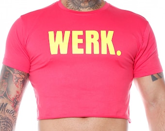 ABYDOS Men's Crop Top | Handmade Gay Crop Top | LGBT Shirt Fuchsia (Werk) | Sexy Tank Top for Men | Werk Printed Gay Crop Top
