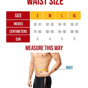 May include: A white graphic with waist size measurements in inches and centimeters. The sizes range from S to XL, with corresponding measurements from 30-31 inches (75-80 cm) to 36-37 inches (90-95 cm). The image also shows how to measure the waist.