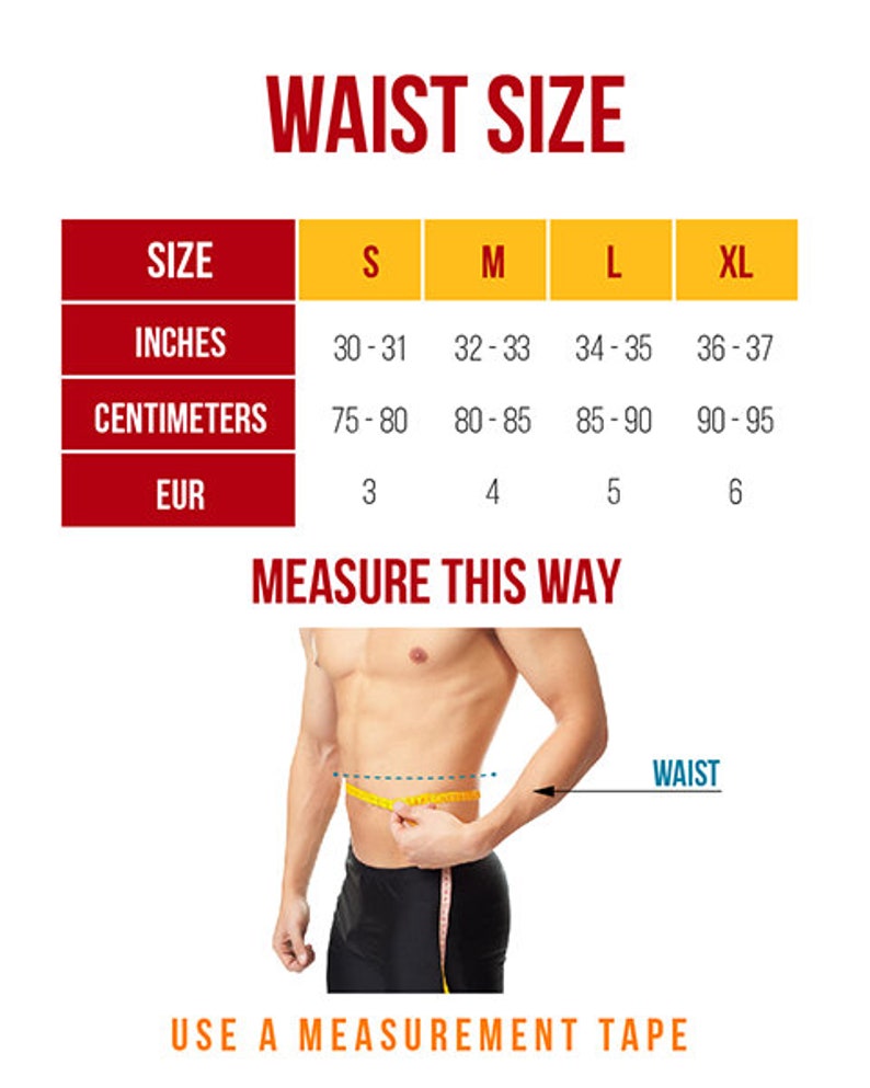 May include: A white graphic with waist size measurements in inches and centimeters. The sizes range from S to XL, with corresponding measurements from 30-31 inches (75-80 cm) to 36-37 inches (90-95 cm). The image also shows how to measure the waist.