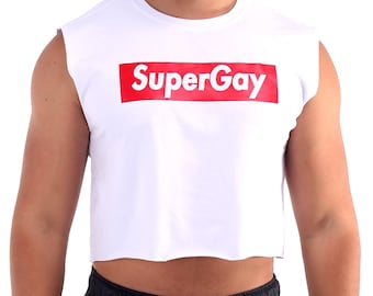 PEGAI SuperGay Crop Tank Top White | Printed Sleeveless Crop Tops | Workout Cropped Tank Top | Lightweight Crop Tank | Sexy T-shirt