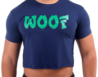 Dark Blue "Woof" Crop Top | Gay Pride Festival Shirt