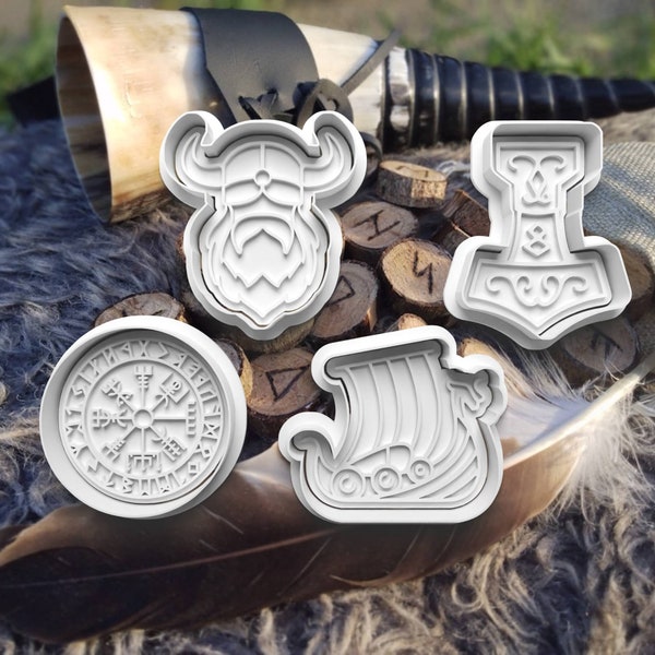 Viking Cookie cutter and Embosser Stamp in the shape of a Viking Coin, a Viking head, a Viking Sword, and a Viking Ship