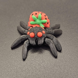 Strawberry Spider Fidget Buddy - 3D Printed Sensory Toy - Black Spider with Red Strawberry, Green Stem & Red Eyes for Stress Relief
