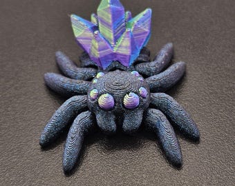 Crystal Spider Fidget Buddy - 3D Printed Sensory Toy - Sparkly Dark Blue Body & Tri-Color Crystals - ASMR, Autism, ADHD, and Anxiety Relief
