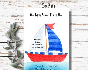 Sailboat Birthday Party Invitation, Blue, Red, Sailor, Watercolor, Classic, Simple, Cute, Customizable, Instant Download, Editable/Digital