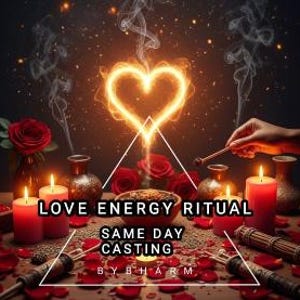 May include: A ritual setup featuring red candles, red rose petals, and ceramic vessels. A glowing heart shape appears in the smoke above a central bowl. The text reads LOVE ENERGY RITUAL SAME DAY CASTING BY BHARM.