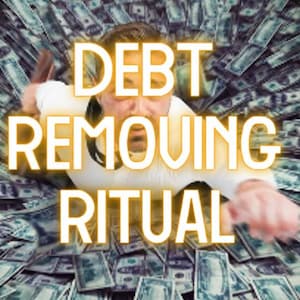 以下が含まれることがあります： 画像は、ドル紙幣の渦の中で苦労している人物を描いています。「DEBT REMOVING RITUAL」という言葉が、輝く金色のフォントで大きく表示されており、金融ソリューションや債務救済をテーマにしていることを示唆しています。