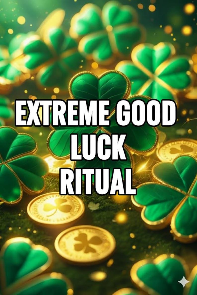 K&ouml;nnte beinhalten: Ein digitales Bild mit gr&uuml;nem Thema, das Kleebl&auml;tter und Goldm&uuml;nzen zeigt. Der Text "EXTREME GOOD LUCK RITUAL" ist prominent dargestellt. Der Hintergrund ist ein verschwommenes, leuchtendes Gr&uuml;n.