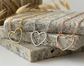 Collar Corazón Abierto, Collar con Colgante de Corazón de Plata de Ley, Delicado Collar de Corazón Rosa de Oro y Plata, Regalo Minimalista para Ella