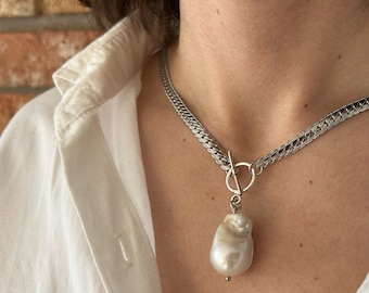 Chunky Baroque Pearl Pendant Necklace, Freshwater Baroque Pearl Silver Necklace, Irregular Pearl Necklace, Simple & Elegant Necklace