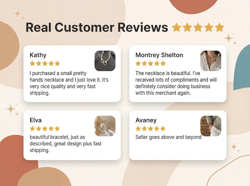 K&ouml;nnte beinhalten: Grafik mit Kundenbewertungen. Der Text "Real Customer Reviews" steht oben. Vier Kundenbewertungen werden angezeigt, jede mit einem Foto und einer Sternebewertung. Die Bewertungen erw&auml;hnen Halsketten und Armb&auml;nder.