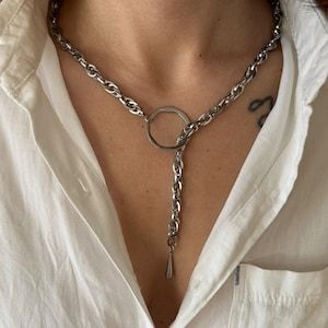 Antique Silver Rolo Chain Lariat Necklace, Drop and Circle Statement Necklace, Eternity Lariat Necklace, Y Shaped Bold Necklace, Heavy Chain