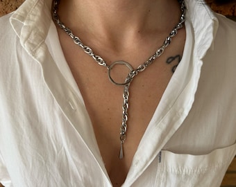 Antique Silver Rolo Chain Lariat Necklace, Drop and Circle Statement Necklace, Eternity Lariat Necklace, Y Shaped Bold Necklace, Heavy Chain
