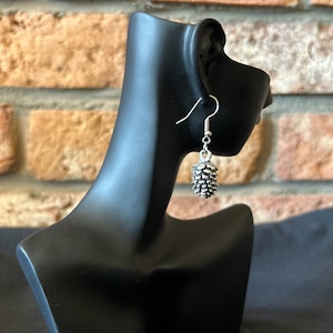 May include: Silver dangle earrings featuring a pine cone design.