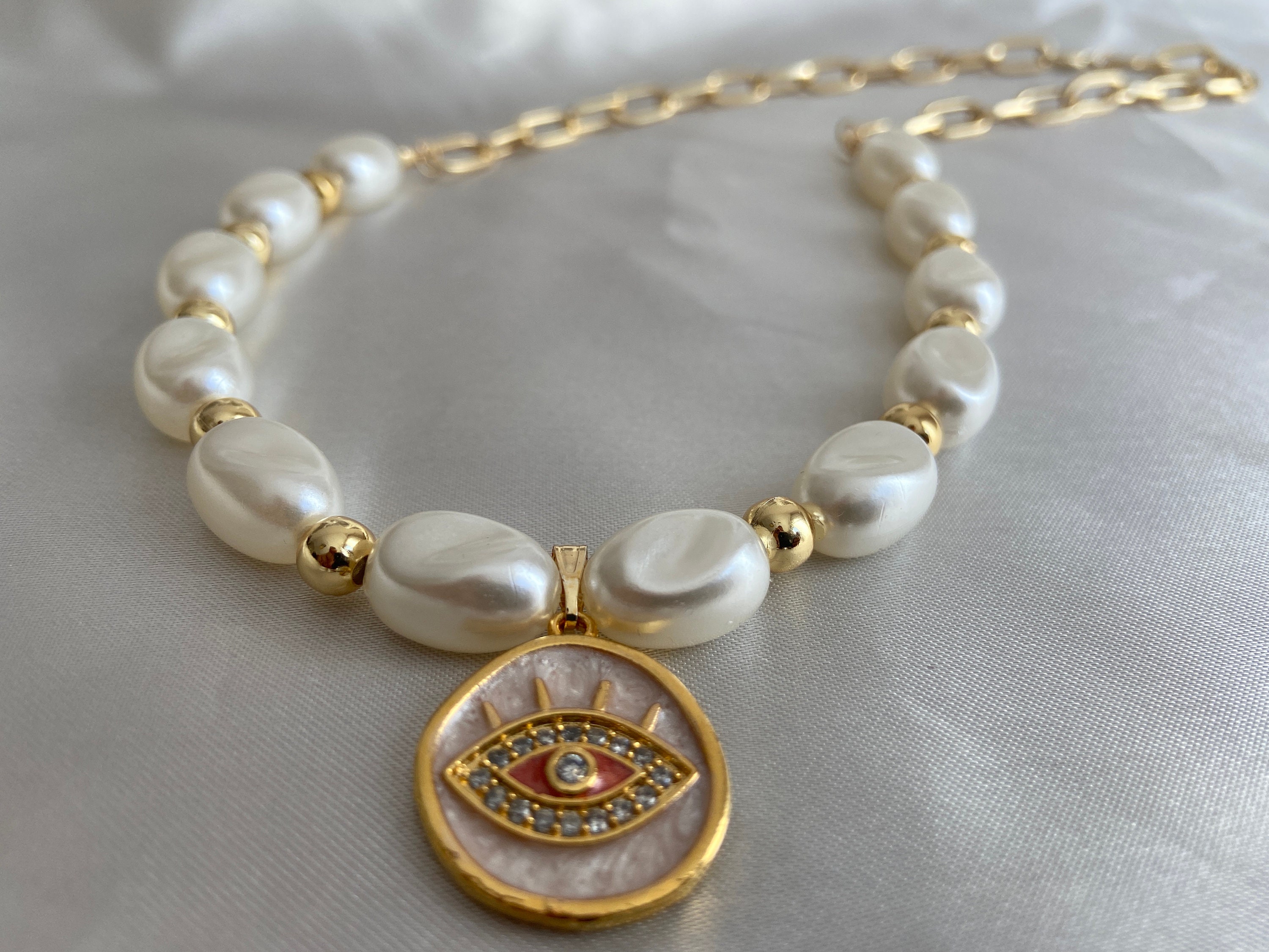 Evil Eye Pearl Necklace Gold Pearl and 
