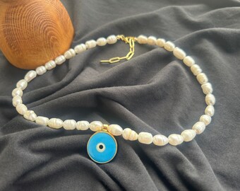 Handmade Evil Eye Pearl Necklace, Protective Evil Eye Pearl Necklace, Elegant Evil Eye Pearl Necklace, Eye Design Real Pearl Necklaces