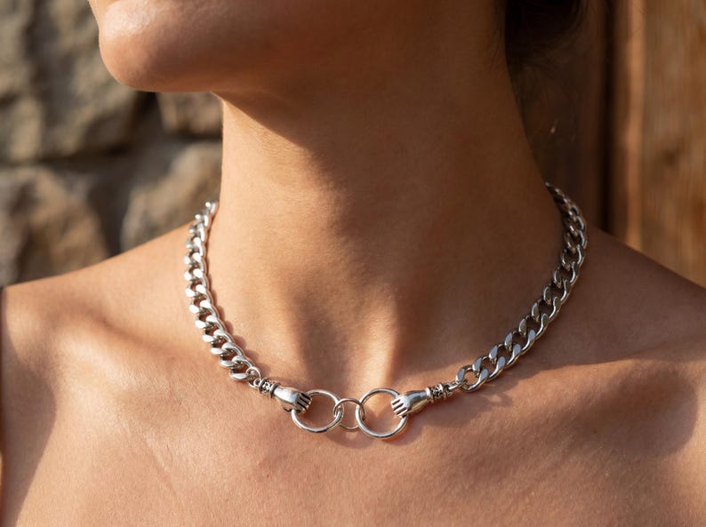 Hand in Hand Necklace, Silver Hand Necklace, Hold On To Hope Jewelry, Friendship Gift, Chunky Chain Necklace, Gift for Her image 1