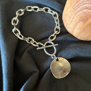 Antiekzilveren dikke armband, dikke zilveren kettingarmband, zilveren statement-armband, armbandstijl Uno de 50, schakelarmband
