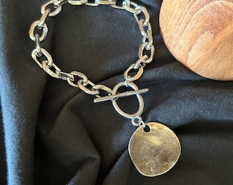 Pulsera gruesa de plata antigua, pulsera de plata con cadena gruesa, pulsera de plata con moneda, pulsera estilo Uno de 50, pulsera con palanca