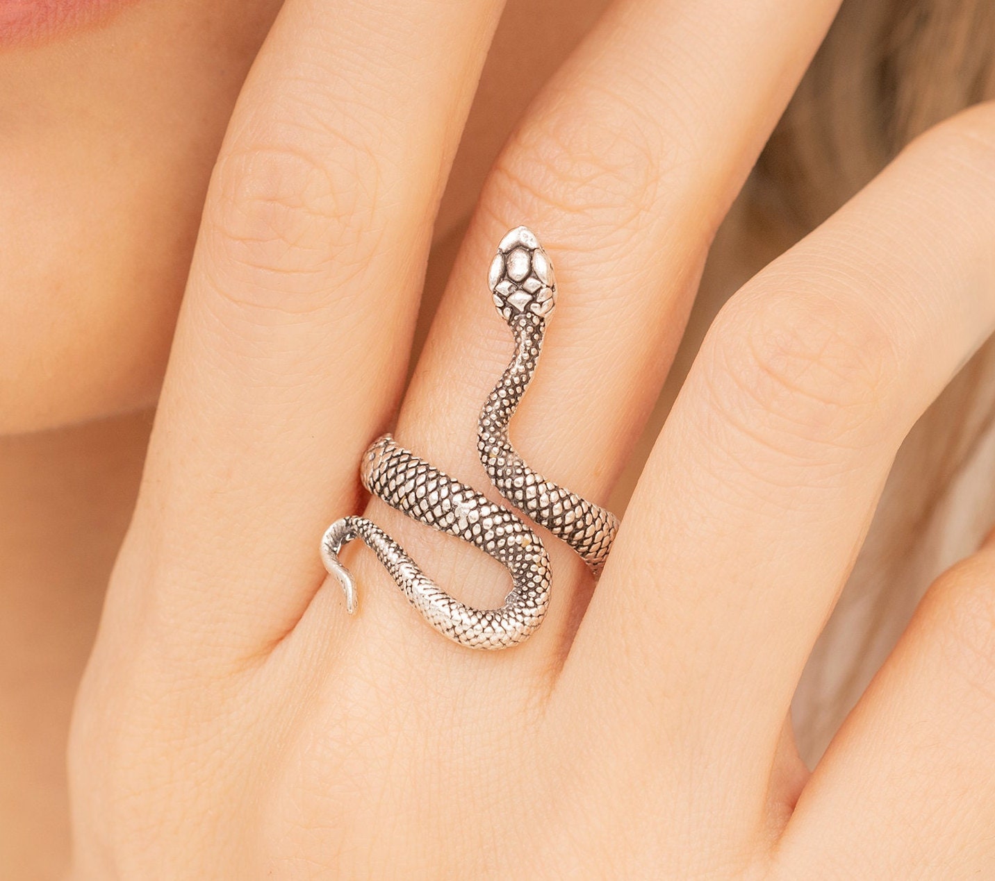 Anello Sterling Silver Handmade Anello Serpente Regolabile In Argento Sterling 925 - Design A Zanne E Piume, Fatto A Mano, Unico Anello Serpente Argento - Foto 4