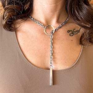 Chunky Chain Adjustable Lariat Necklace, Long Bar Silver Large Pendant, Eternity Lariat Necklace, Womens Statement Silver Bold Y Necklace