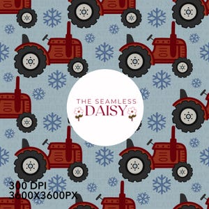 May include: A repeating pattern featuring red tractors and blue snowflakes on a light blue background. A central white circular logo displays the text THE SEAMLESS DAISY with two small flower icons. The image includes text 300 DPI 3600X3600PX.