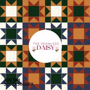 May include: A repeating quilt pattern featuring eight-pointed stars in alternating color schemes of dark green, burnt orange, and navy blue. A central white circular logo displays the text THE SEAMLESS DAISY with two small flower icons.