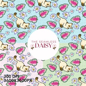 May include: A seamless pattern featuring cartoon Siamese cats, pink and green tropical leaves, and light purple flowers on a pastel background. The text THE SEAMLESS DAISY is centered in a white circle, with 300 DPI and 3600x3600PX text below.