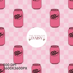 May include: A seamless digital pattern featuring pink soda cans with the black Dr Pepper logo, arranged on a light pink and white checkered background. A central white circle displays the text The Seamless Daisy with two small flower icons.