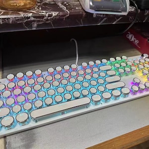 Rainbow Light Retro Gaming Keyboard, 104 Keys Wired Keyboard, Typewriter Mechanical Gaming Keyboard, Round Keycaps for Windows/Mac/PC