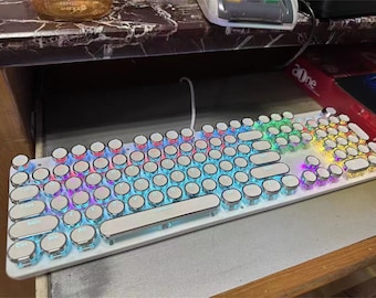 Rainbow Light Retro Gaming Keyboard, 104 Keys Wired Keyboard, Typewriter Mechanical Gaming Keyboard, Round Keycaps for Windows/Mac/PC