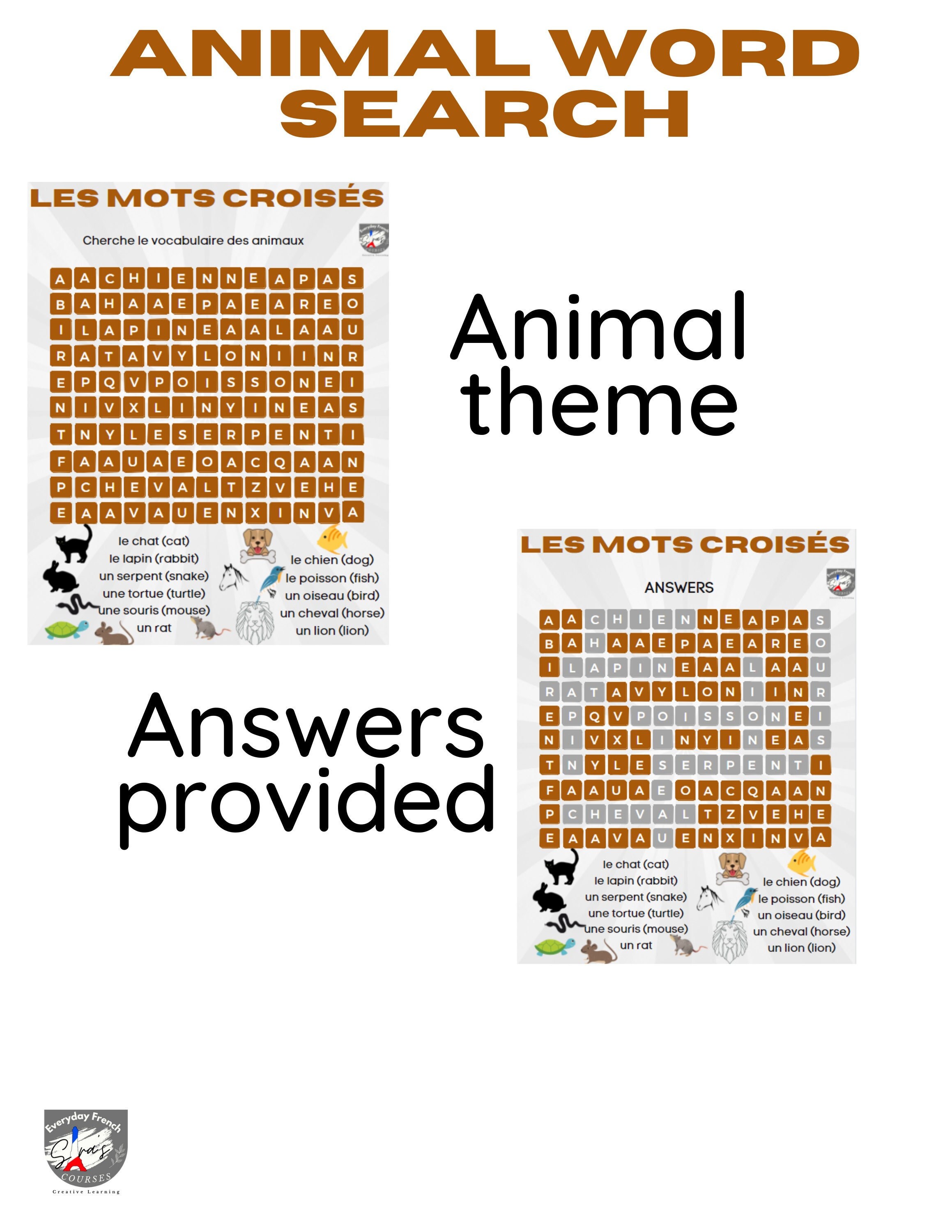 French Word Search Printable Animal Theme French Vocabulary - Etsy Australia