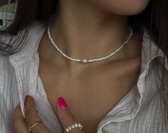 Collier filigrane avec perle d'eau douce • Collier surfeur • Collier de perles