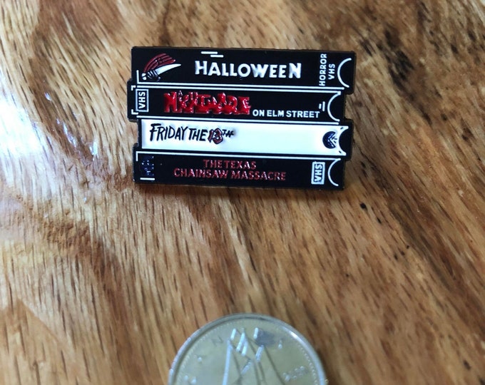 80's Horror Movies- Retro VHS Pin- Hellraiser/Texas Chainsaw Massacre/Nightmare on Elm St/Friday the 13th