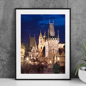 Printable Prague Czech Republic Photography Poster - Charles Bridge Towers at Night - Digital Download Wall Art