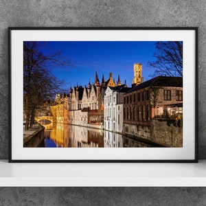 Printable Bruges Belgium Photography Poster - Groenerei Canal at Night - Digital Download Wall Art