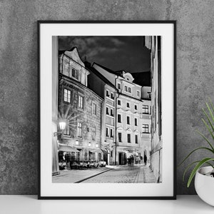 Printable Prague Czech Republic Photography Poster - Narrow Street Black and White - Digital Download Wall Art