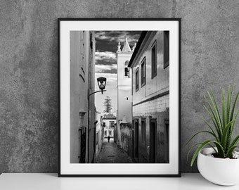 Printable Tavira Algarve Portugal Photography Poster - Narrow Street Black and White - Digital Download Wall Art