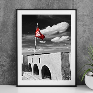 Affiche de photographie imprimable Hammamet Tunisie - Drapeau tunisien Noir et blanc Couleur sélective - Digital Download Wall Art