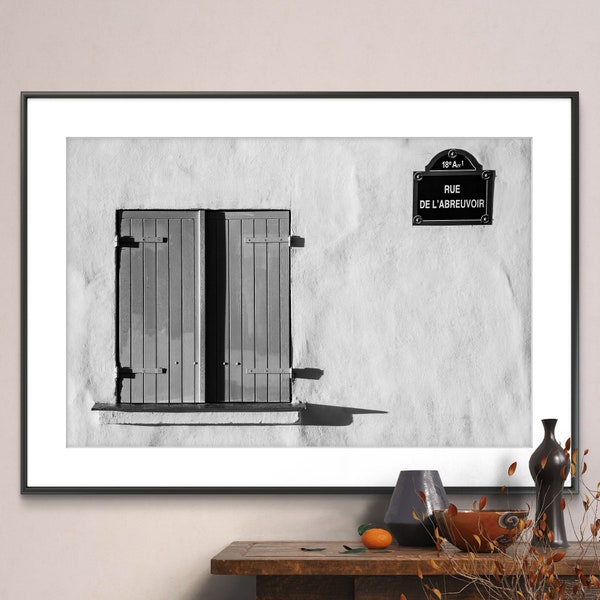 Printable Paris France Photography Poster - Street Sign and Window Montmartre Black and White - Digital Download Wall Art