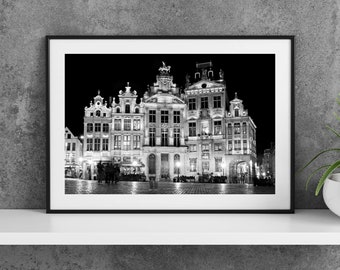 Printable Bruxelles Belgique Photographie Affiche - Bâtiments sur la Grand Place Noir et Blanc - Digital Download Wall Art