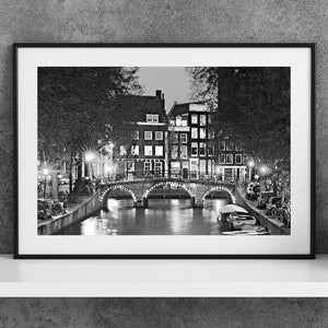 Plakat fotograficzny Amsterdam Holandia do wydrukowania - Most kanału Leidsegracht Czarno-biały - Cyfrowe pobieranie sztuki ściennej