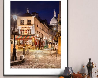 Printable Paris France Photography Poster - Le Consulat and Sacre Coeur Montmartre - Digital Download Wall Art