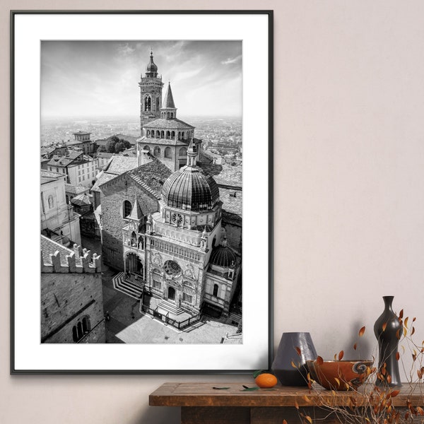 Printable Bergamo Italy Photography Poster - Basilica di Santa Maria Maggiore Black and White - Digital Download Wall Art