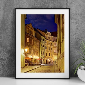 Printable Prague Czech Republic Photography Poster - Narrow Street at Night - Digital Download Wall Art