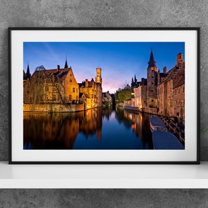 Printable Bruges Belgium Photography Poster - Rozenhoedkaai at Blue Hour - Digital Download Wall Art
