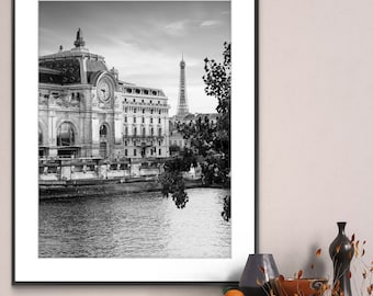 Printable Paris France Photography Poster - Musée d&#39;Orsay and Eiffel Tower Black and White - Digital Download Wall Art