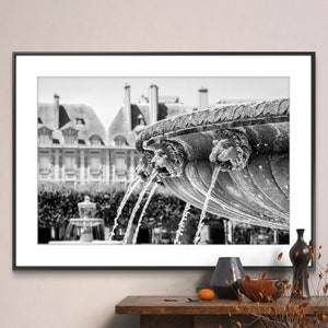 Printable Paris France Photography Poster - Place des Vosges Fountain Black and White - Digital Download Wall Art